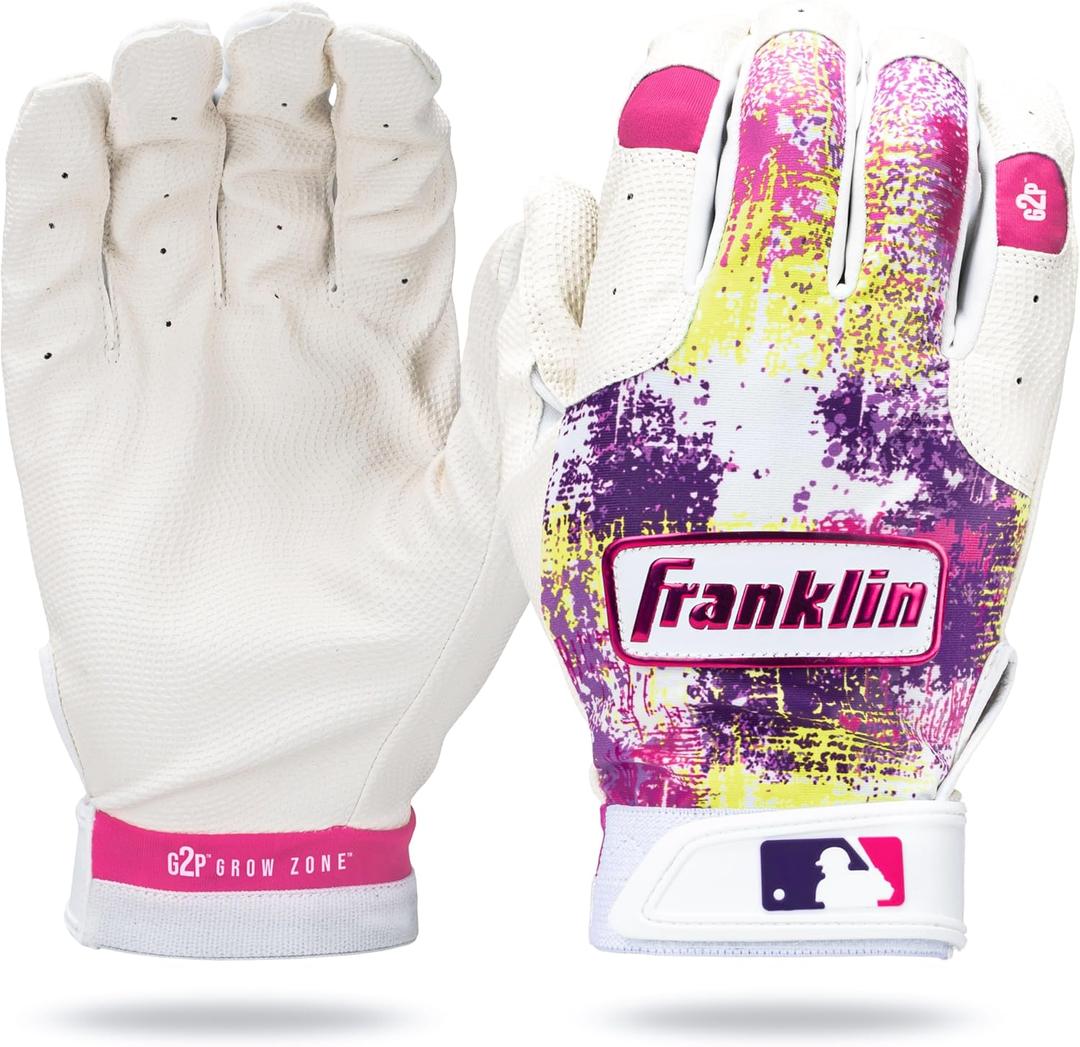 Franklin Sports MLB Youth Teeball Batting Gloves - Grow to Pro Kids Baseball + Softball Batting Gloves - Boys + Girls Batting Gloves for Teeball, Baseball + Softball - Pink/ White - Youth Small