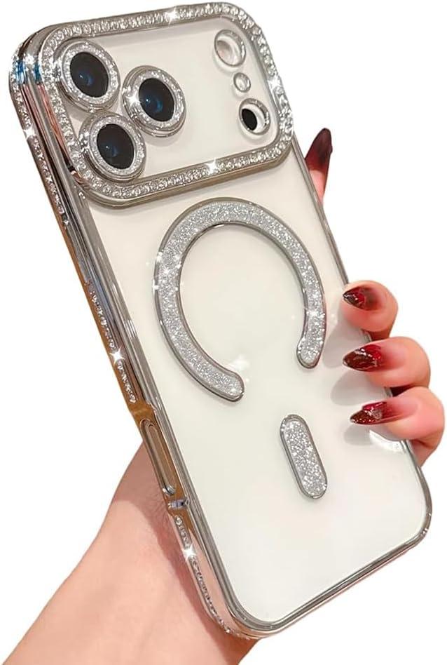 for iPhone Case,Plating Electroplated Glitter Bling Sparkle Diamond Frame Magnetic Case for iPhone, Compatible with MagSafe Wireless Charging (Silver,iPhone 17 Pro Max)