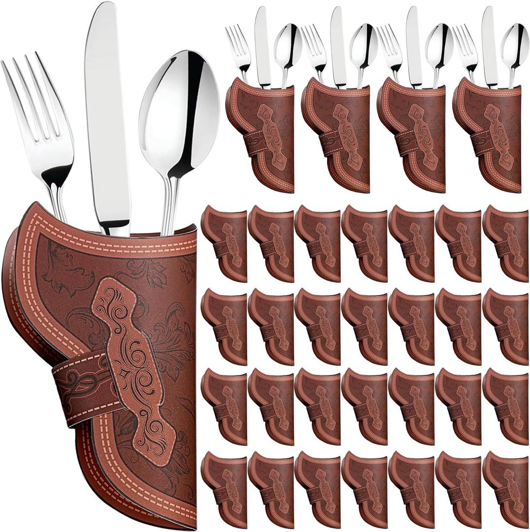 Cowboy Holster Silverware Holders Cardstock Western Party Tableware Supplies Cutlery Sleeve Knife and Fork Holder Vintage Utensil Holders for Western Rodeo Party Favors(60 Pcs)