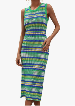 Mansy Womens Swimsuit Cover Up Sleeveless Knit Summer Outfits Swimwear Bathing Suit Coverup Crochet Beach Striped Dress, Size Medium