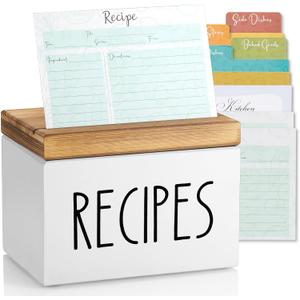 Recipe Box, Wood Recipe Card Box Set, Recipe Box with 100 Cards and 6 Dividers,4x6 Recipe Organizer, Recipe Card Holder, White