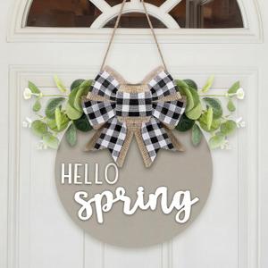 BreezeHug 3D Hello Spring Sign for Front Door Sage Green Rustic Welcome Door Sign with Bow Farmhouse Hello Welcome Wreaths Wood Spring Doors Hanger Decorations for Home Office Shelf Mantel