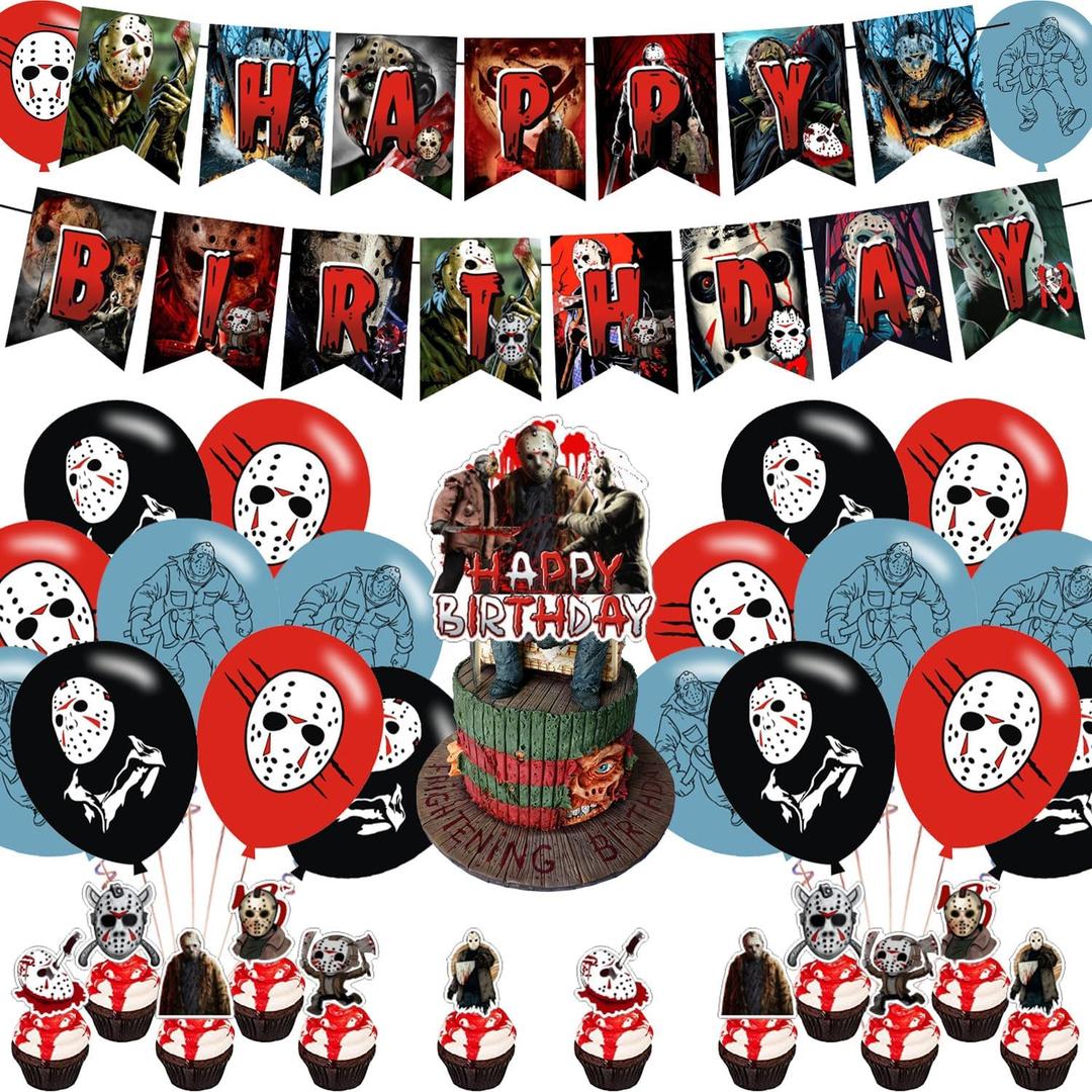 Friday The 13th Party Supplies,Horror Movie Jason Party Decorations Includes Banner, Cake Toppers, Balloon for Have a Killer Party Decorations