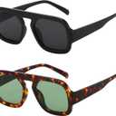 MUNSADE Trendy Square Aviator Sunglasses for Women Flat Top Designer Stylish Frame Sun Glasses Vintage Shades ((2 Pack) Black/Grey+tortoise/Green)