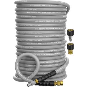 Pressure Washer Hose 200FT 4000 PSI, Kink Resistant Steel Braided Layer & NonMarking Rubber for Hot/Cold Water, High Power Washer Hose With 3/8 Inch Quick Connect & M22 Fitting, Gray