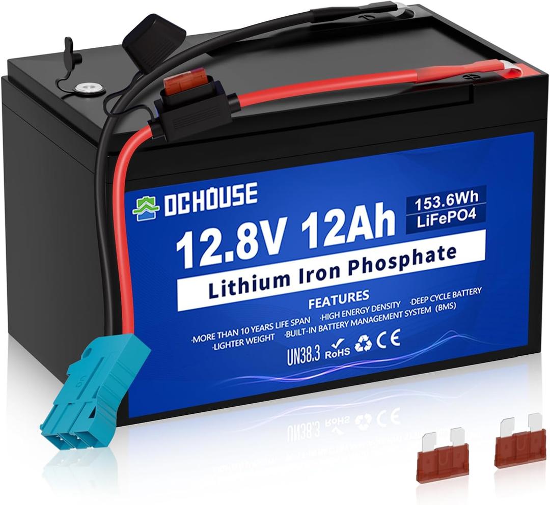 DC HOUSE Replacement 12V 12Ah Lithium Battery for Peg Perego Ride On Toys, with Wire Harness Connector & DC Port, 5000+ Cycles Rechargeable LiFePO4 Battery with 15A BMS for Kids Tractor, Fish Finder