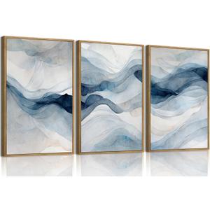 myusuar 3 Piece Large Abstract Framed Wall Art For Living Room, Smoke Texture Ink Navy Blue Canvas Wall Art Modern Minimalist Art Prints Wall Dcor For Bedroom Office 12x16in