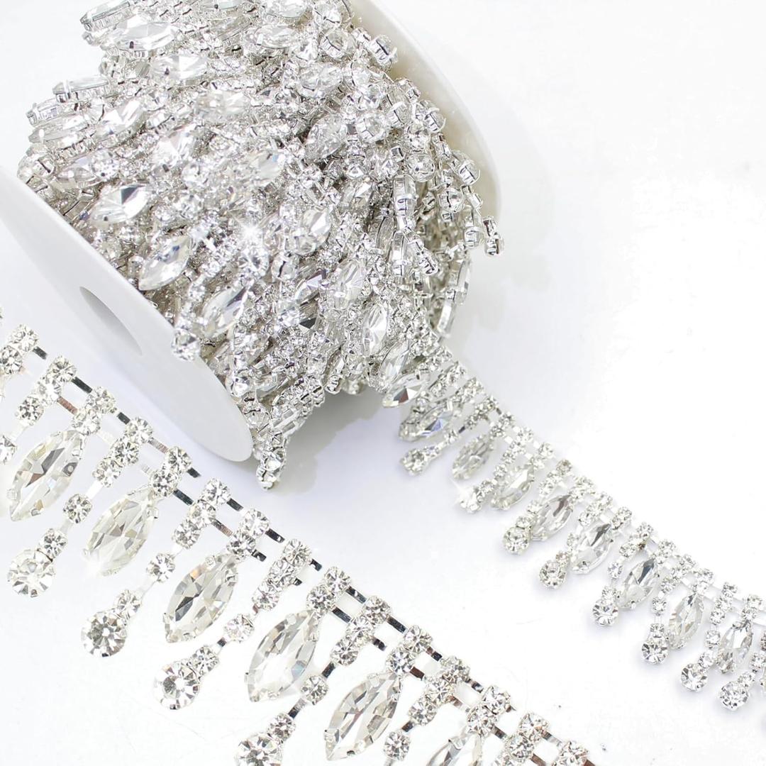 PEARLY JUN 1 Yard Rhinestone Trim Chain Sliver Applique Stringing Ribbon DIY Jewelry Wedding Party Bracelets Craft Bridal Bouquets Embellishment Accessories (ML057-silver)