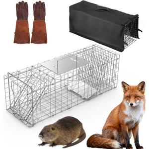 Folding Live Animal Trap Cage Racoon Traps with Waterproof Cover & Gloves | Easy to Catch and Release for Stray Cats Raccoons Squirrel Skunk Groundhog Armadillo Rabbit