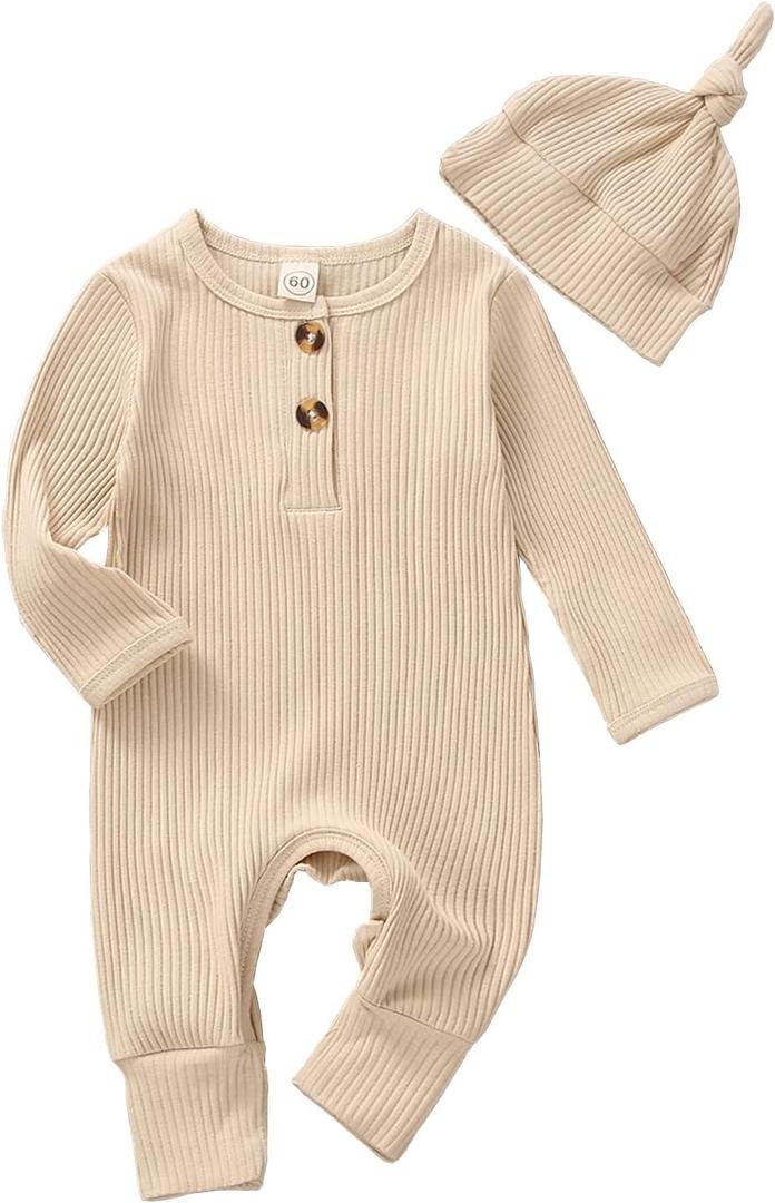 Infant Boys Girls Clothes Set Newborn Baby Romper Hat Ribbed Knit Long Sleeve Button Solid Bodysuit Jumpsuit (0-3 Months, Light Khaki)