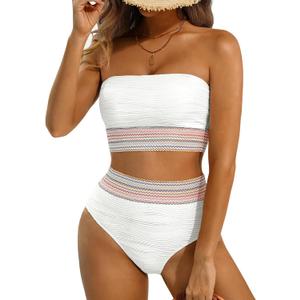High Waisted Bandeau Bikini Set - Women Strapless Two Piece Swimsuits Ribbed Longline Full Coverage Bathing Suits Swimwear (Large, White)