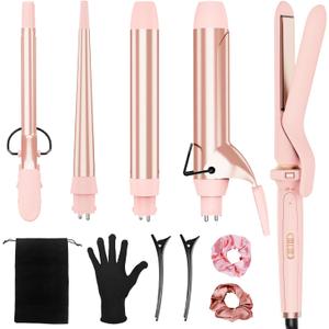 Ufree 5 in 1 Curling Iron with Ceramic Barrels (0.35"-1.25"), Curling Wand Set with Flat Iron Hair Straightener, Instant Heat Up, Dual Voltage Hair Curler, Gifts for Women, Pink