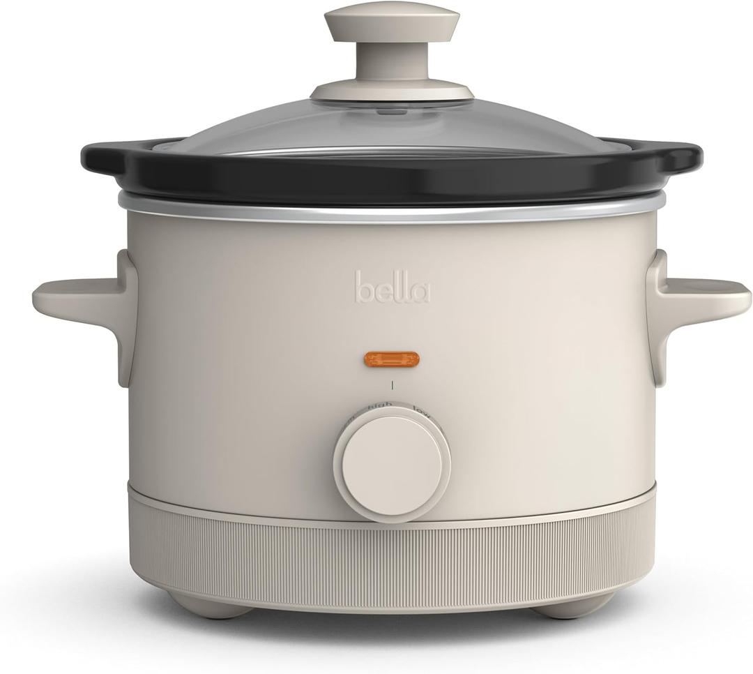 bella 1.5 Qt Slow Cooker with 3 Heat Manual Control, Ceramic Nonstick Coating, Dishwasher Safe Stoneware Pot and Tempered Glass Lid, Tangle Free Cord Wrap & Cool Touch Handles, Oatmilk, 1.5 Quarts