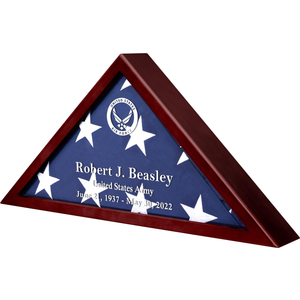 Personalized DIY Flag Case for Burial Flag by Yourself, Glass Front Walnut Display Case for Memorial 5'x9.5' Flag, Custom Name Wood Shadow Box for Military, Metal Letters and Logo Stickers Wall Mounted