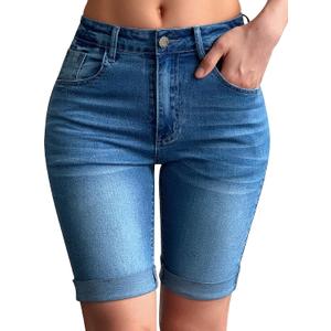roswear Womens Mid Rise Roll Cuff Bermuda Stretch Denim Jean Shorts 
Light Blue Large