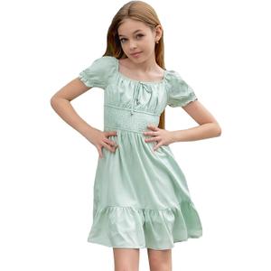 Simplee kids Girls Dresses Off The Shoulder Summer Tween Dress Smocked Ruffle Puff Sleeves Dresses for Girl Kids 4-15 Years (S)