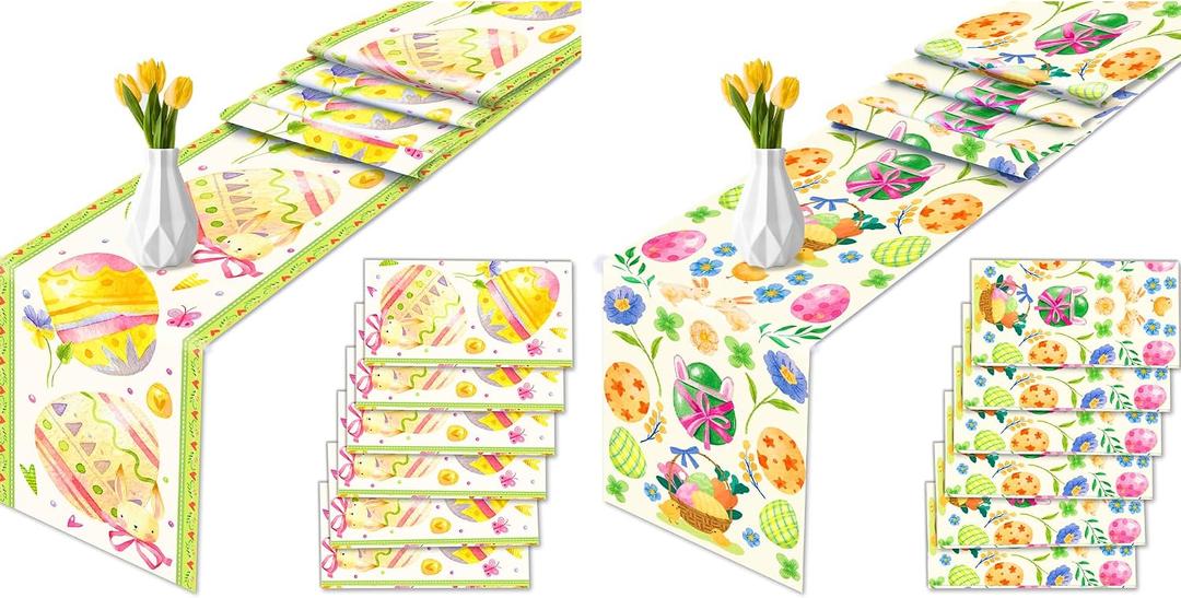 6 Pcs Plastic Easter Table Runners - 14 x 108 Inches Disposable Table Covers with 2 Easter Themes (Eggs & Spring Floral Bunny Designs) for Holiday Gatherings, Brunch, Dinner Events, Home Celebrations
