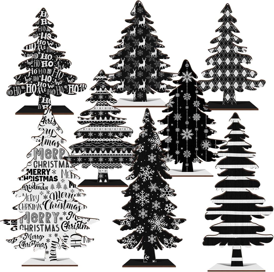 Cinrobiye 8 Pcs Christmas Table Decorations, Black White Christmas Tree Tabletop Centerpieces Farmhouse Rustic Wood Xmas Trees for Home Mantel Fireplace Winter Holiday Party Supplies Decor (Black)