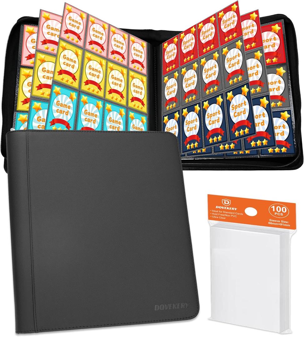 12 Pocket Card Binder, 864 Pockets Side Loading Trading Card Collection Binder, Comes with 100pcs Card Sleeves, Zipper Ringless Holder Album for TCG, Sports, Game Cards, Black