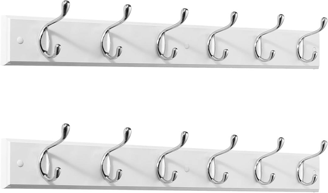 Coat Rack Wall Mount 2 Pack, White Coats Hangers with 6 Metal Silver Hooks for Hanging Jacket, Coat and Bags Hook Single Prong, Wall-Mounted Hanging Hooks for Hats, Clothes in The Entryway, Bedroom