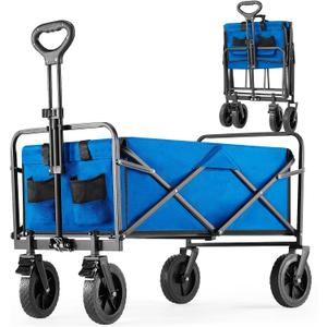 Collapsible Wagon Heavy Duty 35''L, Grocery Cart on Wheels Foldable Beach Wagon with Adjustable Handles Brakes, Portable Shopping Carts for Groceries Garden Camping Sports,170L Blue