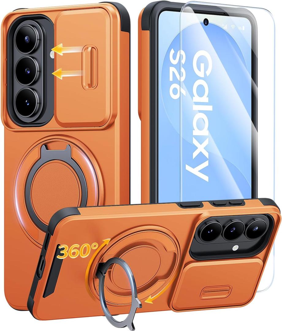 JAME for Samsung Galaxy S26 Case, Ring Holder Stand Kickstand, Slide Camera Cover with Screen Protector, Dual-Layer Shockproof Protective, Magnetic Accessory Friendly Galaxy S26 Phone Case, Orange