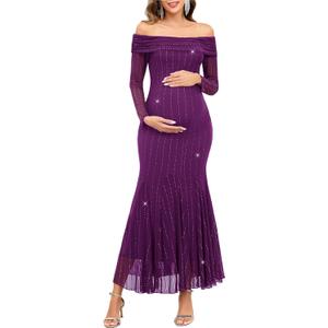 CYCLAMEN Sparkly Maternity Dress for Baby Shower Off The Shoulder Long Sleeve Mermaid Pregnancy Gown with Flowy Tail Hem (X-Large, Rose Purple)