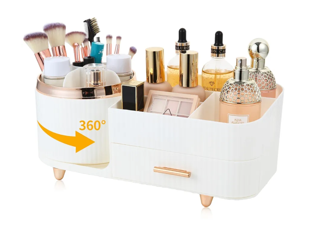 Makeup Organizer Countertop with Drawer 360 Rotating Brush Holder Storage Large Capacity Skincare Cosmetic Display Cases for Vanity Bathroom Desktop, Model 3016 White
