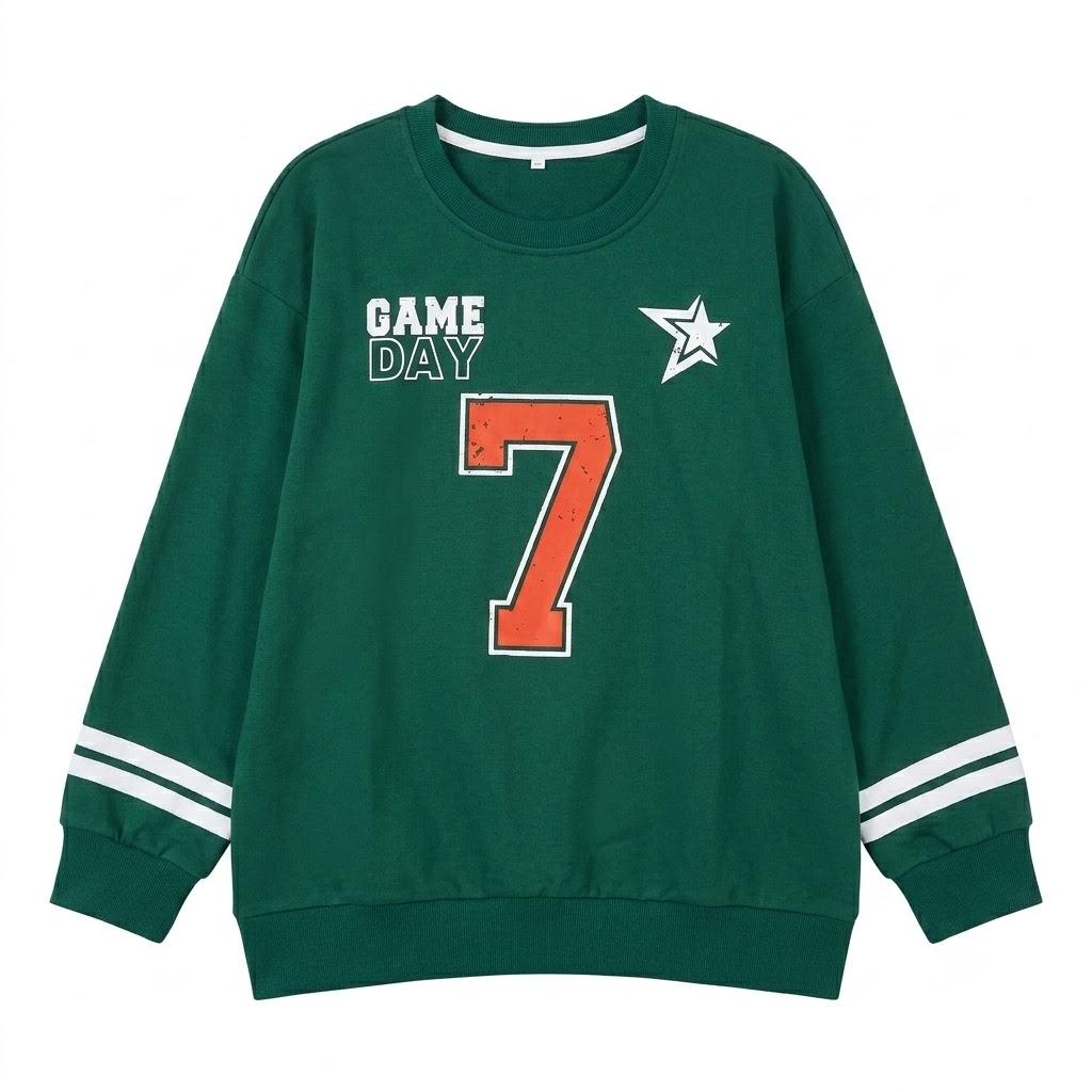 Game Day Sweatshirt Women Football Sweatshirts Funday Sunday Fall Pullover Football Fan Number Graphic Casual Tops, Green, XL