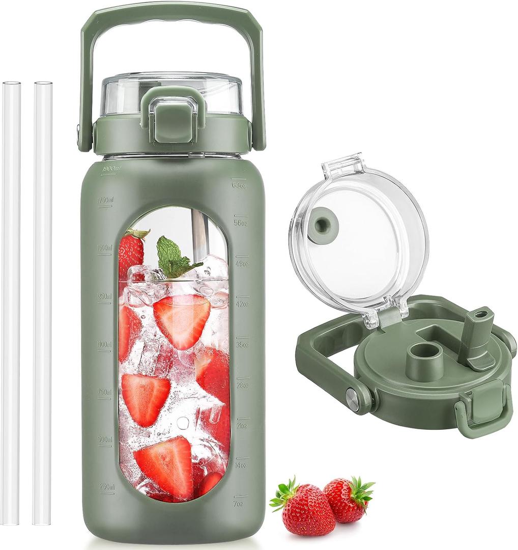 BLUEGO 64oz Glass Water Bottle with Handle and Straw, Motivational Sports Water Bottle with Time Marker and Silicone Sleeve Leakproof Drinking Bottle for Travel Gym Workout, Olive