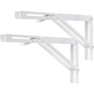 YUMORE Folding Shelf Brackets, 16 Inch Heavy Duty L Bracket, White, 2 Pack | High-Quality Metal, Easy to Install, DIY Collapsible Shelf Bracket for Workbench Folding Table Hinge, Max Load: 330lb