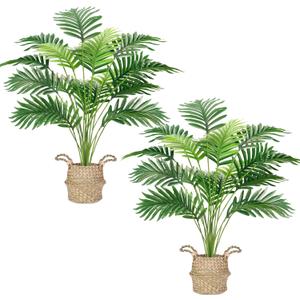 Der Rose 2Pcs Fake Palm Tree 28Inch Large Fake Potted Faux Areca Palm Plant with Hand-Woven Baskets with Handles for Indoor Outdoor Home Office Porch Balcony, Bedroom Decor