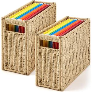 2 Pack Paper Rope Hanging File Box 14.5 x 6 x 10.8 Inch Decorative File Basket Woven Document Organizer with Handle Collapsible Letter Size Filing for Office Home Storage Decor