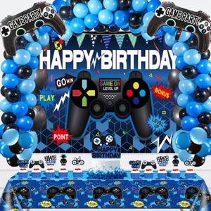 62 Pieces Video Game Party Supplies Set: Decorations with Happy Birthday Gaming Backdrop, Game Table Covers, Cake Topper, Foil Gamer Balloons, Multi-Color Balloons. Perfect for Game Party!