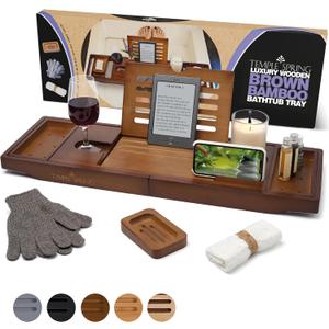 Temple Spring Wooden Bathtub Tray, Bamboo Bathroom Accessories, Bath Tray for Tub, at Home Spa Essentials, Board for Tub Table, Bath Caddy for Bathtub Accessories & Bathroom Essentials  Wood Brown