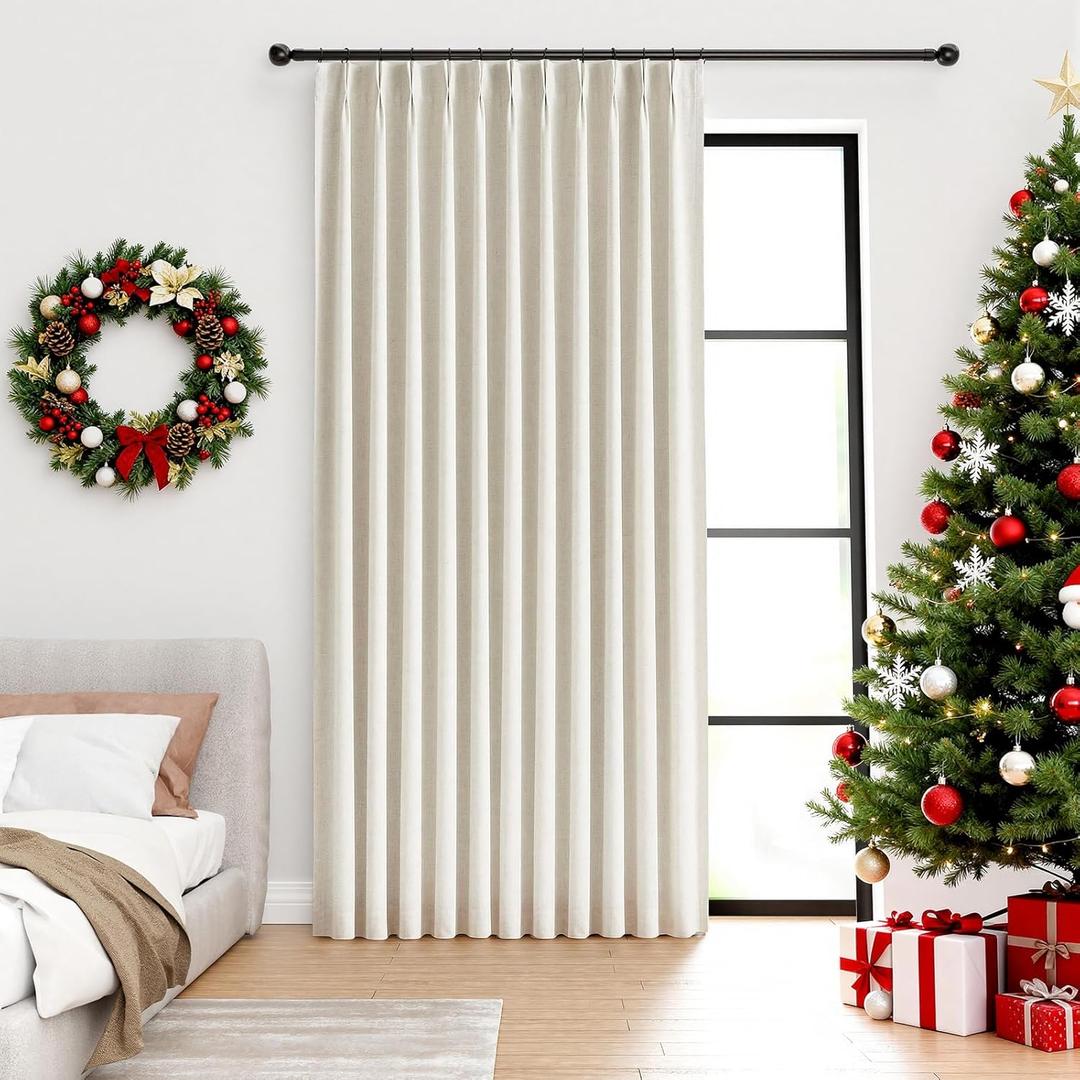 IVAPUPU Natural Pinch Pleated Full Blackout Curtains Linen Blend Room Darkening Window Curtains 95 inch 1 Panel for Living Room Bedroom Thermal Insulated Curtain Drapes with 12 Pcs Hooks 70''Wx95''L