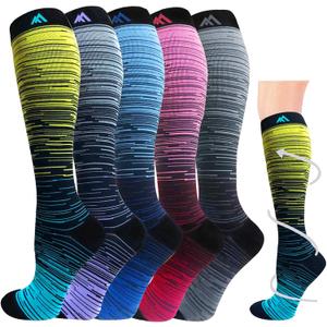 Graduated Compression Socks for Women&Men 20-30mmhg Knee High Socks Travel Hiking Running Stocking (XX-Large-3X-Large, 05-5 Pairs Multi Stripe 02)