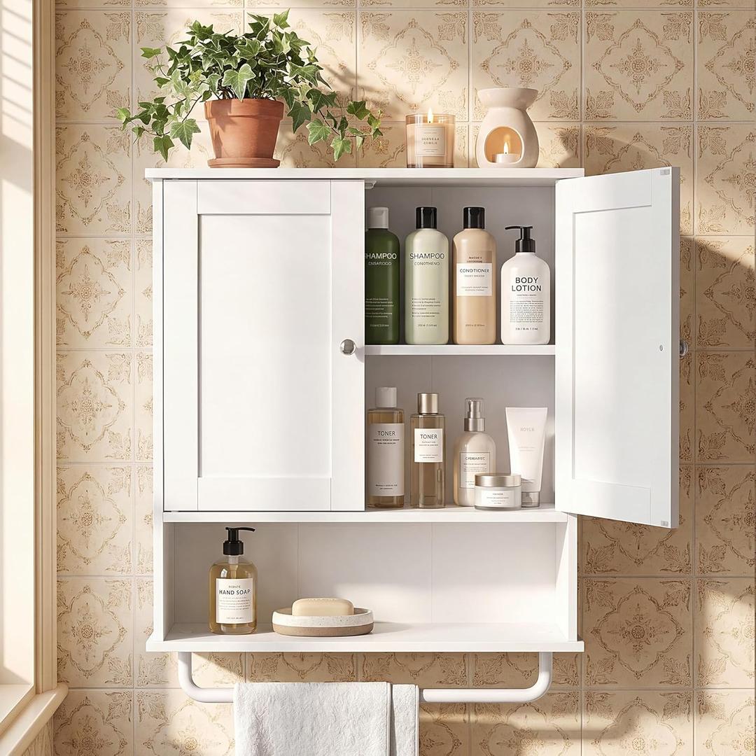 VASAGLE Siren Collection - Hanging Bathroom Cabinet with Towel Rod, Farmhouse Wall Storage Cabinet, with Adjustable Shelf, and Doors, 7.9 x 20 x 23.6 Inches, Cloud White UBBK149WB01S