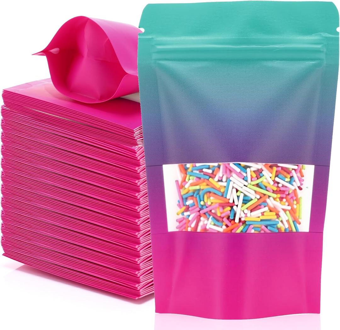 150 Pcs Resealable Bags 3. 5" x 5. 5" Gradient Color Food Storage Bags Stand up Kraft Pouches with Clear Window Treat Paper Pouches for Selling Small Business Snacks Sample,(Green/Pink)