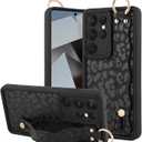 OOK Compatible with Samsung Galaxy S25 Ultra Leopard Case with Wrist Strap, Cute Black Leopard Cheetah Pattern, Soft TPU Bumper Shockproof Protection Slim Cover for Women Girls, for 6.9inch