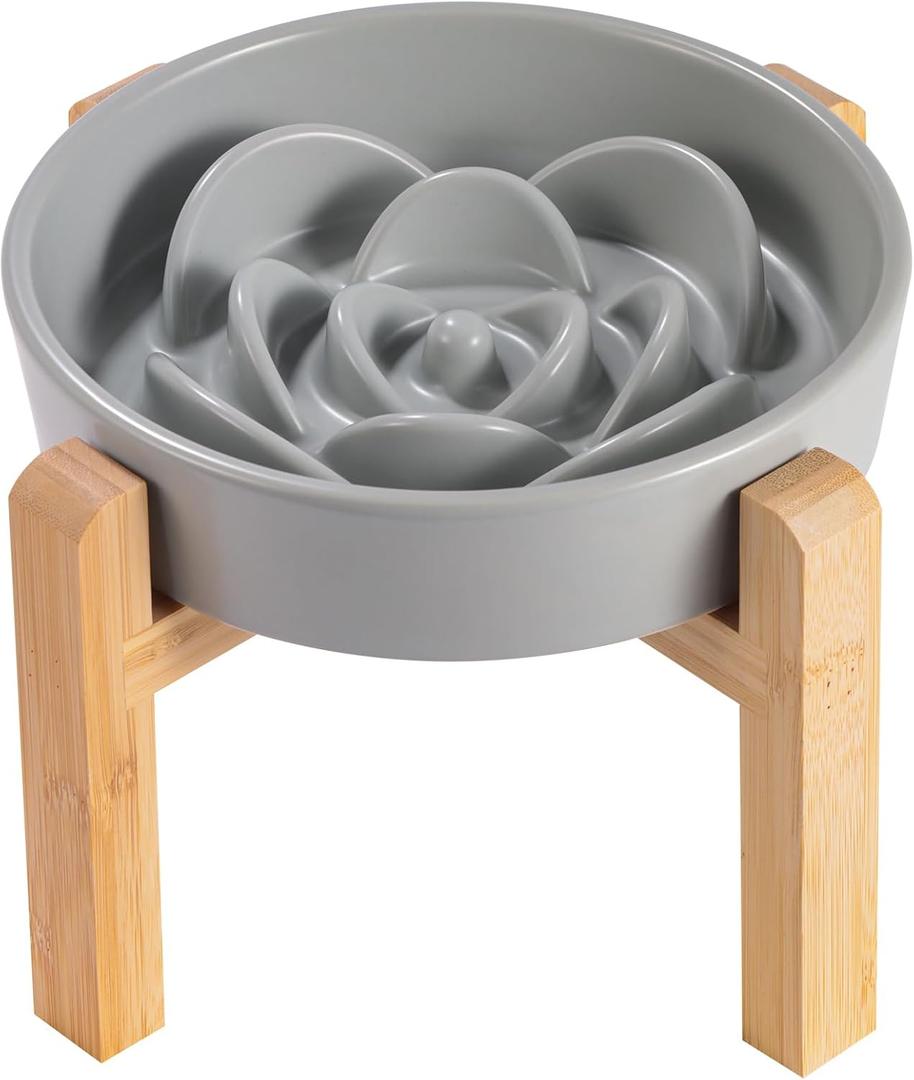 8.26 in Grey Dog Bowl Slow Feeder Ceramic for Medium and Large Breed, Elevated/Raised Slow Feeding Dog Food Water Dish Heavy Weighted, Puppy Dish for Fast Eaters, Puzzle Eating Bowl Modern Maze