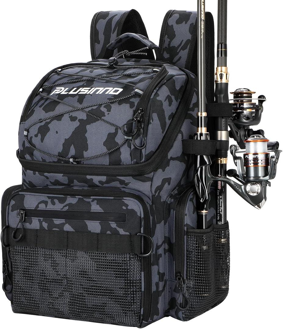 PLUSINNO Cooler Fishing Backpack with Rod Holders 45L Large Water-resistant Fishing Tackle bag Store Fishing Gear Fishing Gifts for Men Father, Sport Bags (Black Camo)