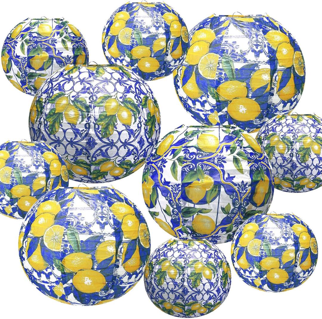 10 Pcs Amalfi Coast Paper Lantern Kit Capri Positano Lemon Party Lemon Supplies Summer Mediterranean Decorations Lemon Pattern for Wedding Baby Shower Birthday Party Decorations Home Decor