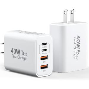 USB C Charger Block, 40W 4 Ports Type C Fast Phone Charging Blocks Cube PD USBC Wall Plug+QC 3.0 USB A Charger Brick Box Power for iPhone 17/16/15/14/13/12 Pro Max, iPad, Samsung Galaxy, Pixel, 2Pack (White)