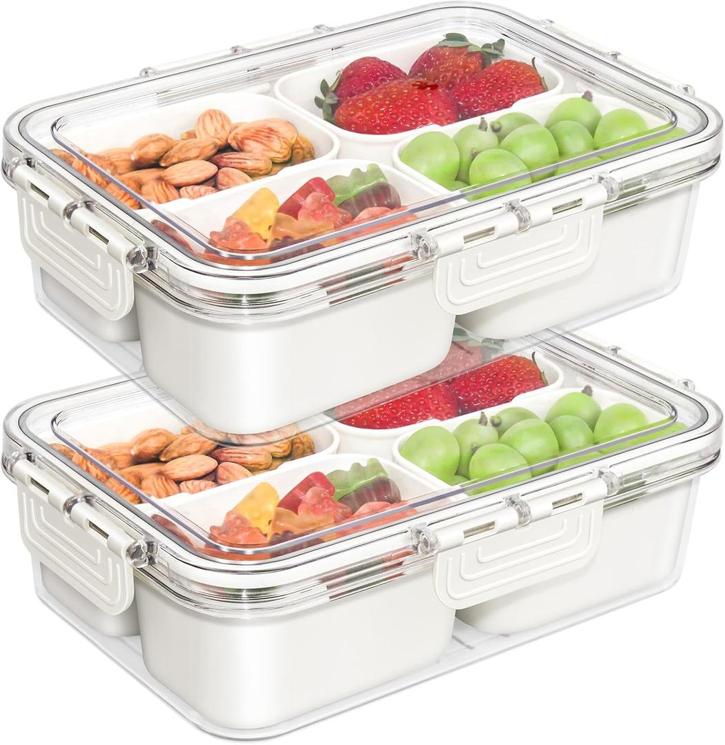 Small Snackle Box Container, Divided Serving Tray with Lid, 4 Compartment Snack Box Container for Candy, Fruits, Charcuterie, Travel & Parties, BPA-Free (Cream 2 Pack)