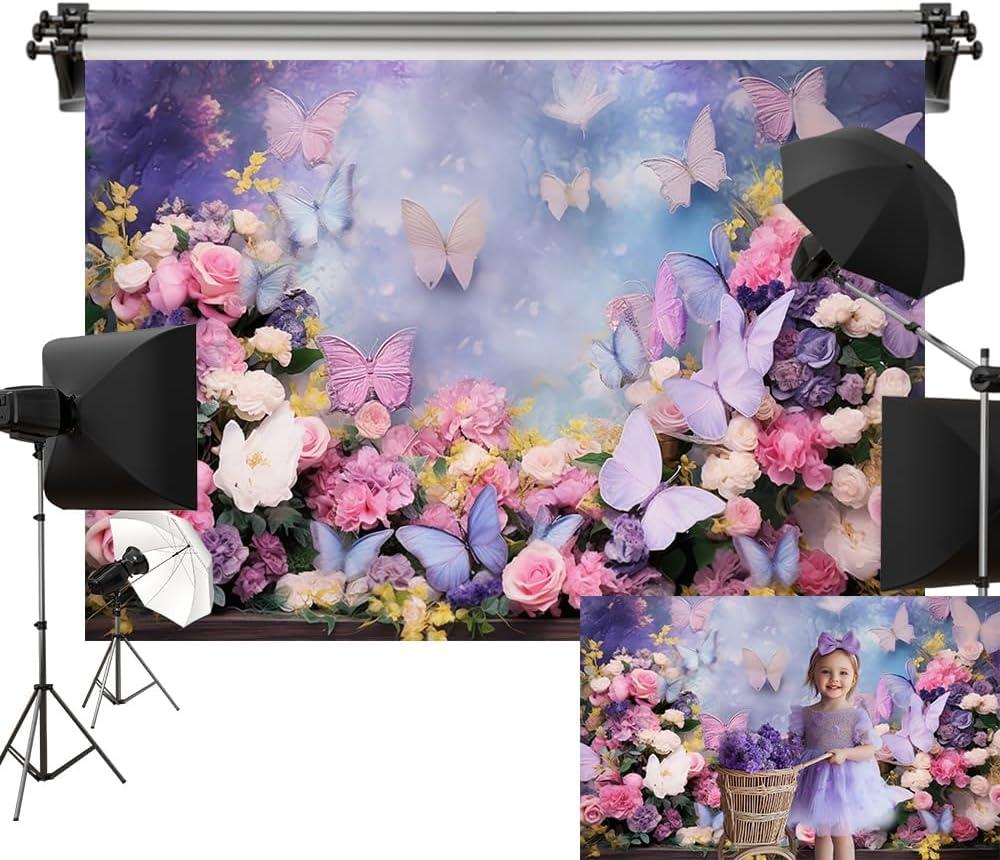 Kate Butterfly Floral Backdrop Colorful Flowers Background Wedding Birthday Spring Photography Studio Props 10x6.5ft