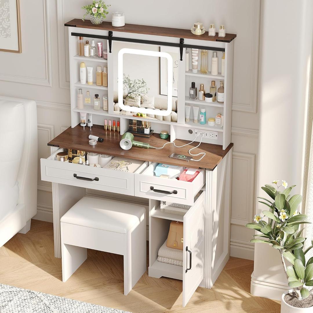 Farmhouse Makeup Vanity Desk with Sliding Mirror and Lights and Charging Station, White Vanity with Shelves and Drawers and Storage Cabinet, Make Up Vanity Desk with Cushioned Stool for Bedroom