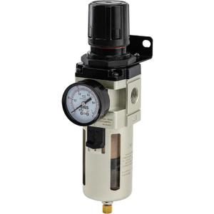 SNS 1/2NPT Compressed Air Filter Regulator Piggyback Combo, Semi-auto Drain, 5 Micron Brass Filter, Gauge and Bracket, Poly Bowl with Metal Guard AW4000-N04A