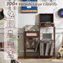 LELELINKY Record Player Stand, Vintage Walnut Wood Record Holder with Vinyl Storage Holds up to 300+ Albums, 3-Tier Rattan Media Table with Vinyl Display Shelf, Record Storage Cabinet for Living Room
