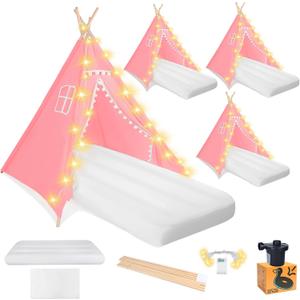 Sleepover Tents for Kids Party, 4-Set Teepee Tent for Kids Slumber Party Tents with Inflatable Airbed, Light String, Washable Tent Natural Cotton Toddler Play Bed Tent for Boys Girls (Pink) (air Pump Included)